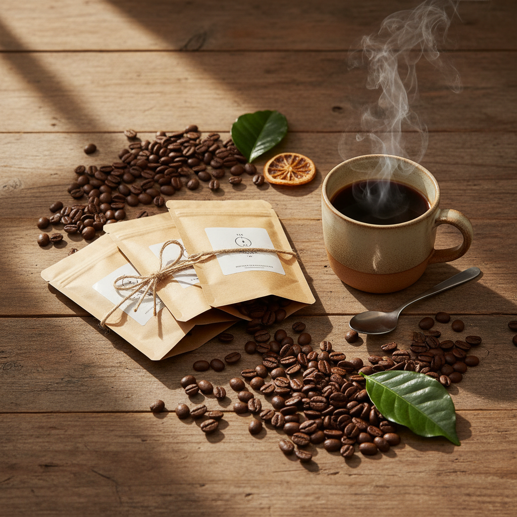 Single Origin Favorites Sample Pack lifestyle photo - coffee on wooden table with morning light